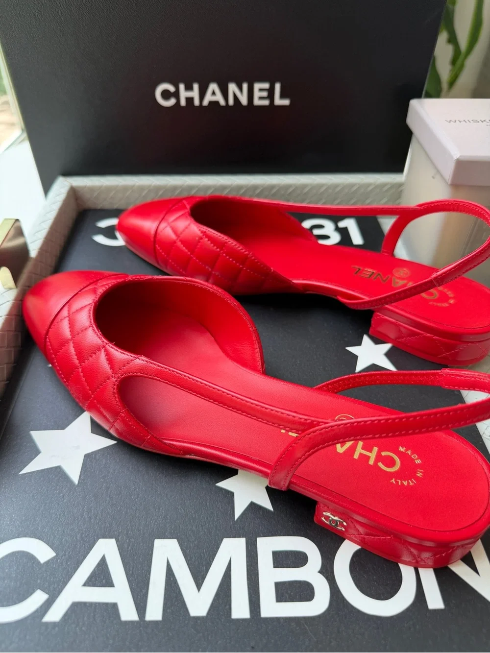 Chanel 26B Red Agneau Rouge Quilted Lambskin Leather Slingback CC Flats 39.5 NIB